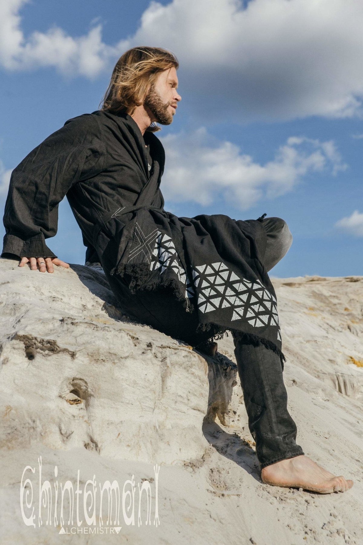 Huge Raw Cotton Mens Wrap Cardigan Coat / Kimono Cloak or Cape / Aroha Atua Black - ChintamaniAlchemi