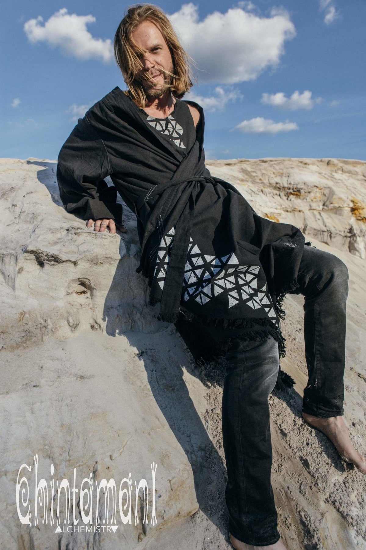 Huge Raw Cotton Mens Wrap Cardigan Coat / Kimono Cloak or Cape / Aroha Atua Black - ChintamaniAlchemi