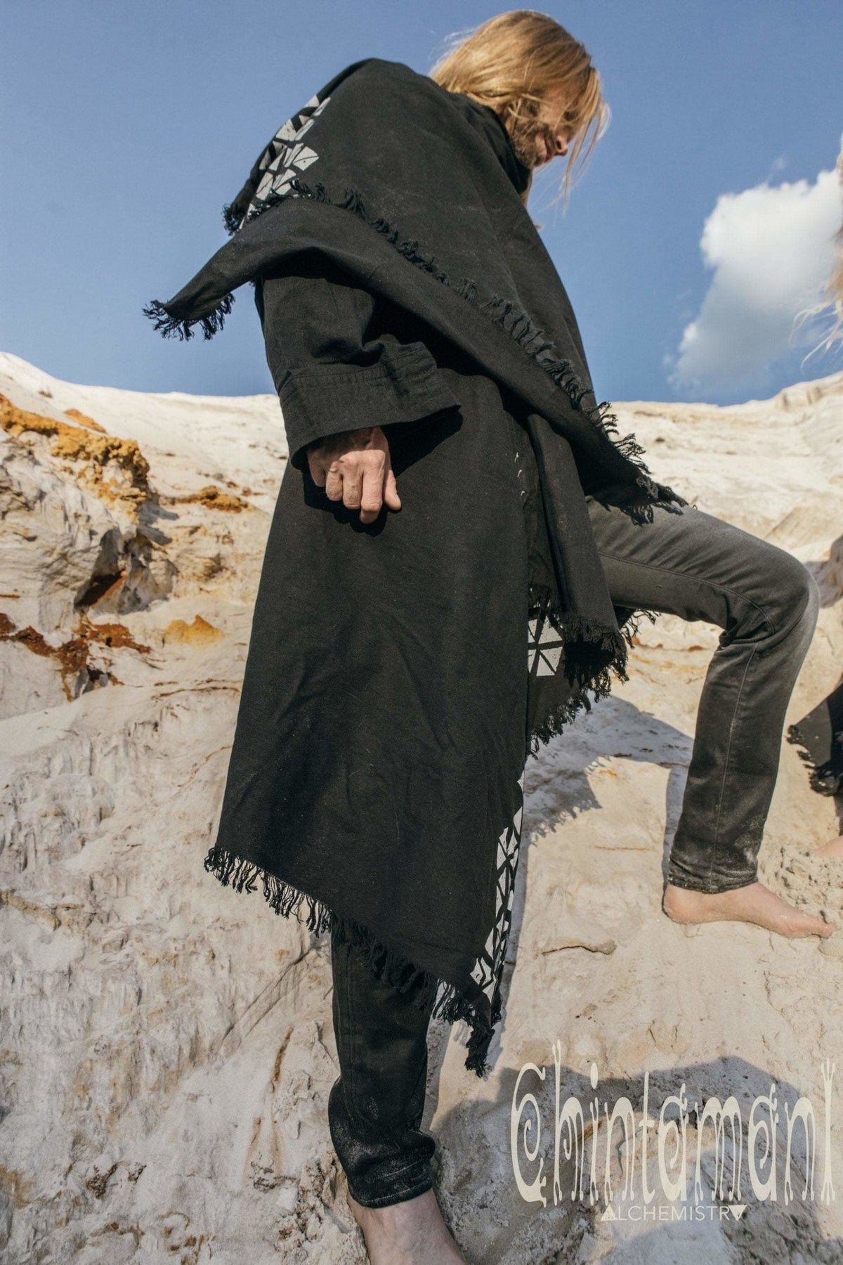 Huge Raw Cotton Mens Wrap Cardigan Coat / Kimono Cloak or Cape / Aroha Atua Black - ChintamaniAlchemi