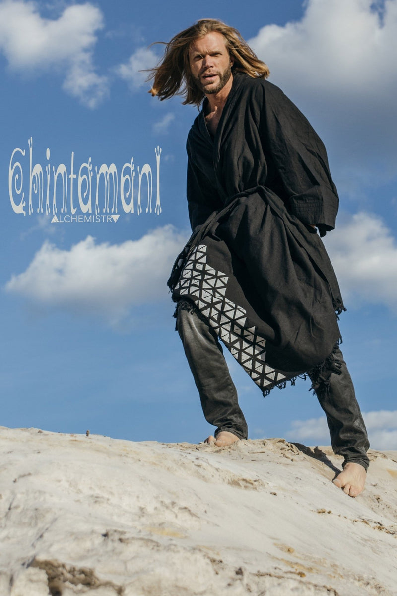 Huge Raw Cotton Mens Wrap Cardigan Coat / Kimono Cloak or Cape / Aroha Atua Black - ChintamaniAlchemi
