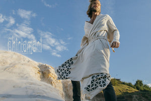 Huge Raw Cotton Mens Wrap Cardigan Coat / Kimono Cloak or Cape / Aroha Atua Off White - ChintamaniAlchemi