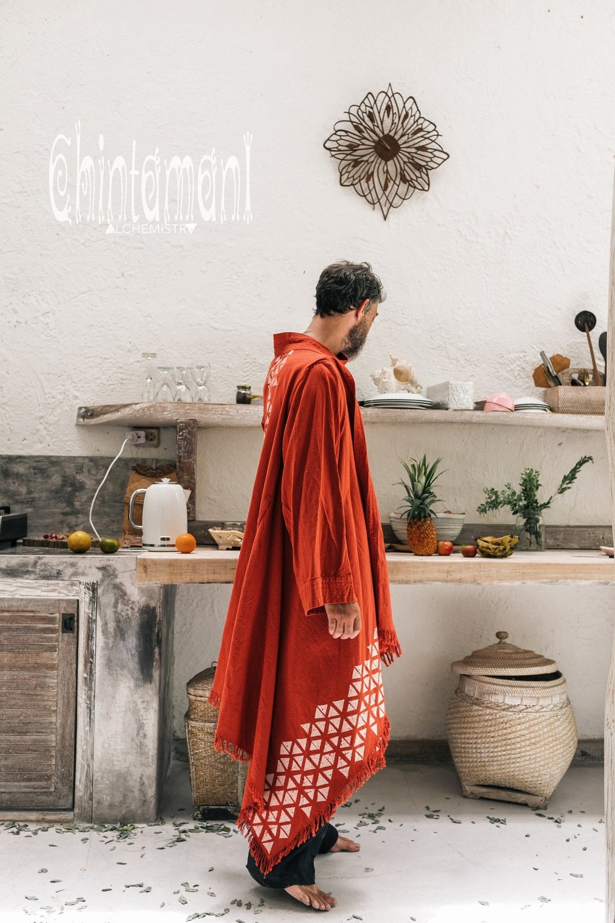 Huge Raw Cotton Mens Wrap Cardigan Coat / Kimono Cloak or Cape / Red Ochre - ChintamaniAlchemi