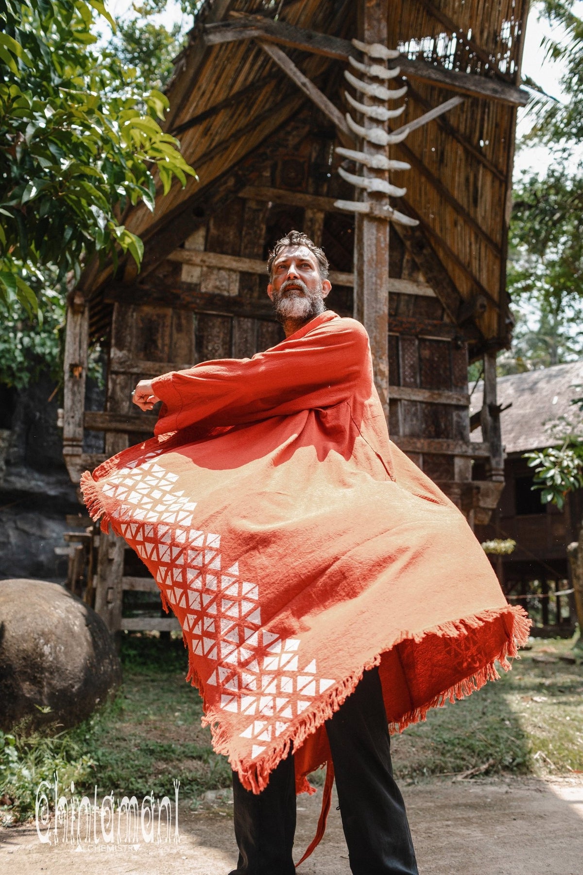 Huge Raw Cotton Mens Wrap Cardigan Coat / Kimono Cloak or Cape / Red Ochre - ChintamaniAlchemi