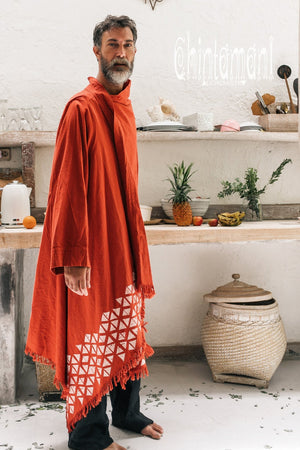 Huge Raw Cotton Mens Wrap Cardigan Coat / Kimono Cloak or Cape / Red Ochre - ChintamaniAlchemi