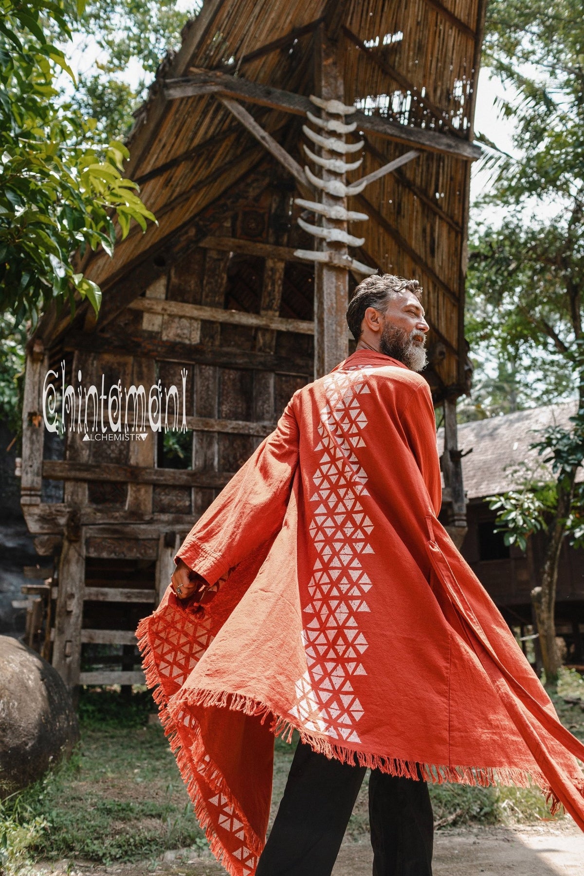 Huge Raw Cotton Mens Wrap Cardigan Coat / Kimono Cloak or Cape / Red Ochre - ChintamaniAlchemi