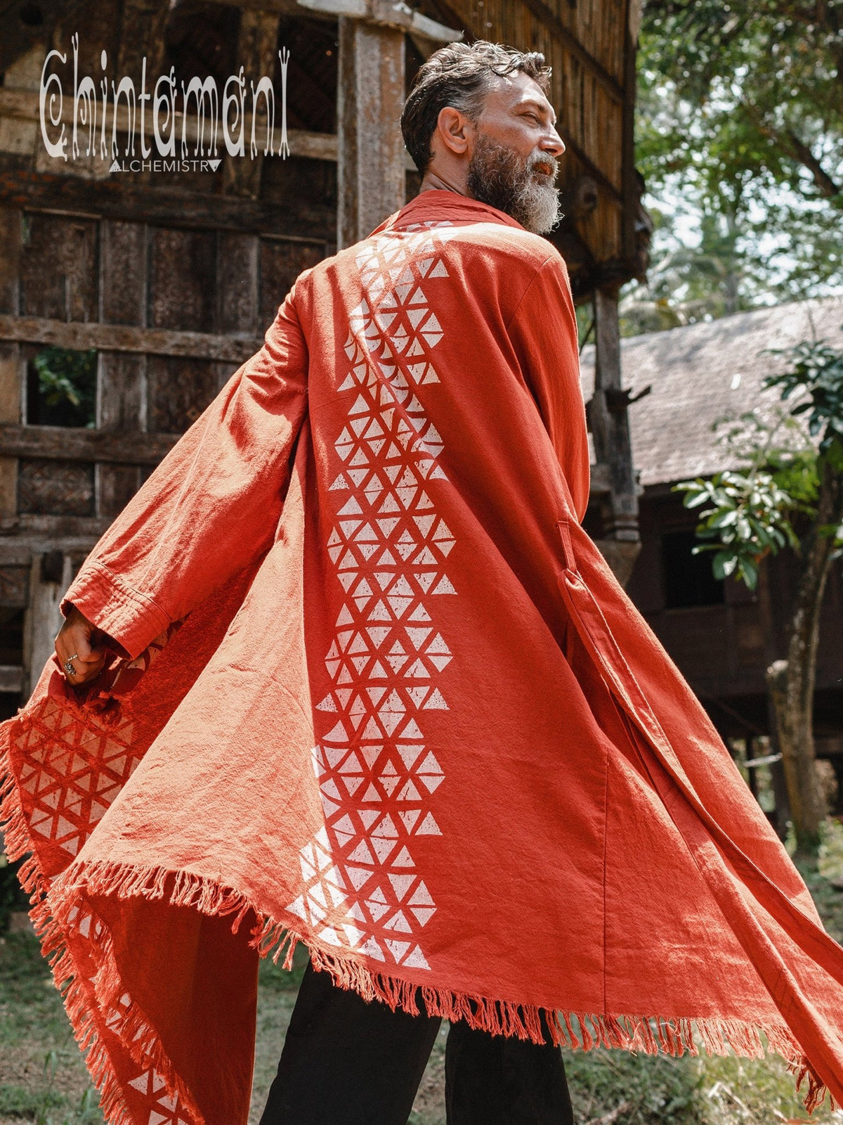 Huge Raw Cotton Mens Wrap Cardigan Coat / Kimono Cloak or Cape / Red Ochre - ChintamaniAlchemi