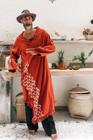 Huge Raw Cotton Mens Wrap Cardigan Coat / Kimono Cloak or Cape / Red Ochre - ChintamaniAlchemi