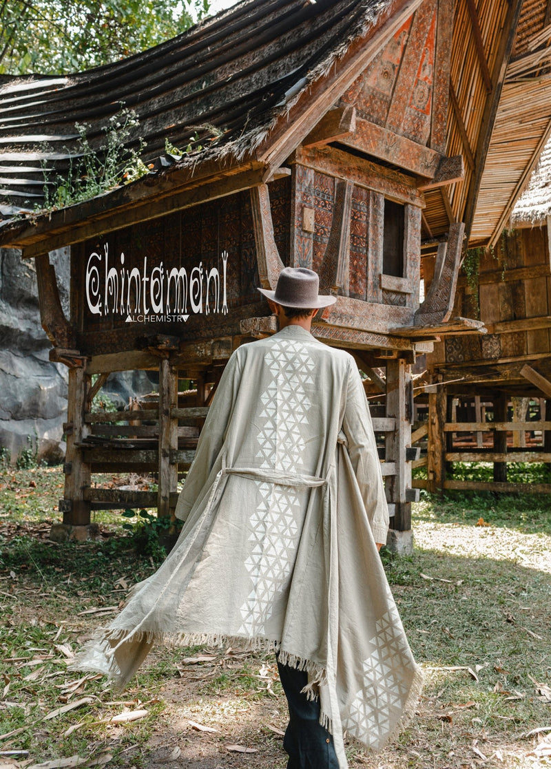 Huge Raw Cotton Mens Wrap Cardigan Coat / Kimono Cloak or Cape / Sage Green - ChintamaniAlchemi