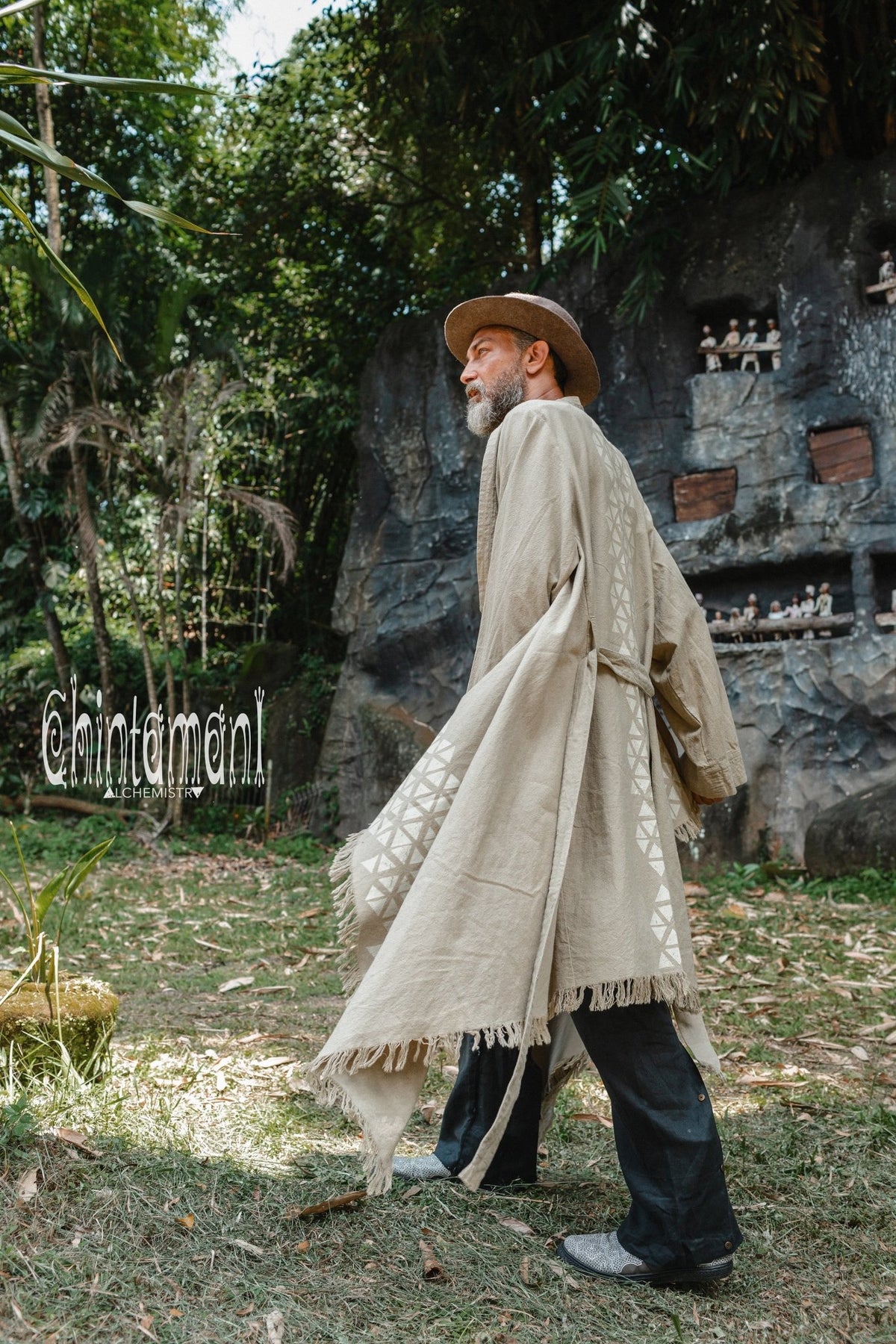 Huge Raw Cotton Mens Wrap Cardigan Coat / Kimono Cloak or Cape / Sage Green - ChintamaniAlchemi