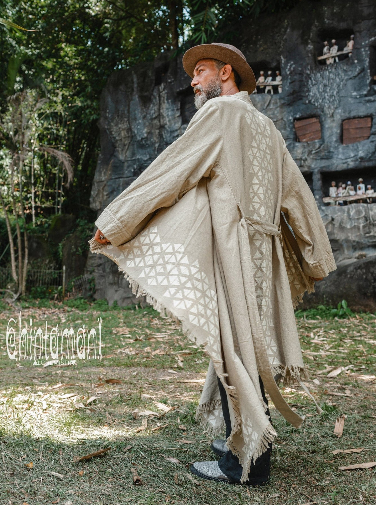 Huge Raw Cotton Mens Wrap Cardigan Coat / Kimono Cloak or Cape / Sage Green - ChintamaniAlchemi