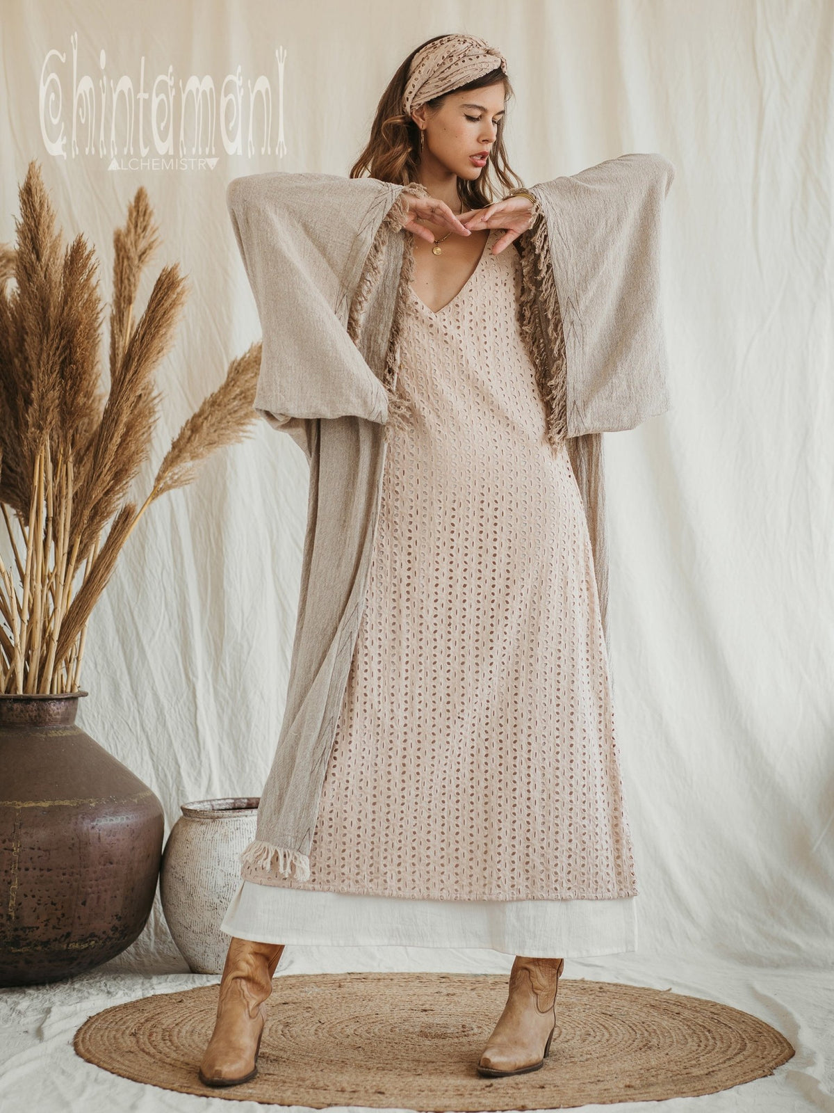 Huge Wide Sleeves Kimono Cardigan ∆ Raw Cotton Wrap Robe / Beige - ChintamaniAlchemi