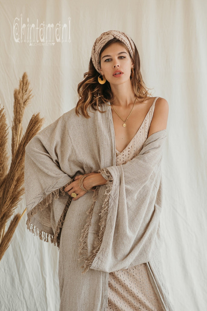 Huge Wide Sleeves Kimono Cardigan ∆ Raw Cotton Wrap Robe / Beige - ChintamaniAlchemi