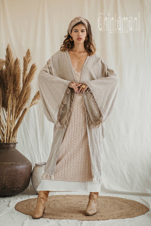 Huge Wide Sleeves Kimono Cardigan ∆ Raw Cotton Wrap Robe / Beige - ChintamaniAlchemi