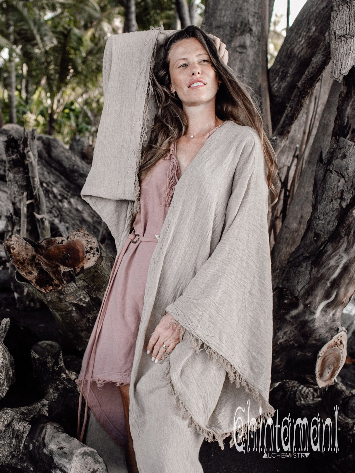 Huge Wide Sleeves Kimono Cardigan ∆ Raw Cotton Wrap Robe / Beige - ChintamaniAlchemi