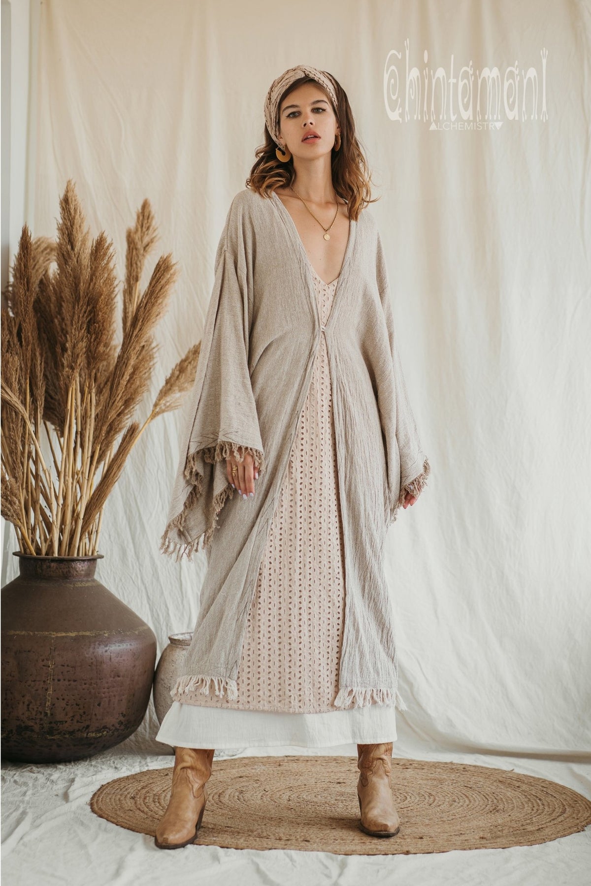 Huge Wide Sleeves Kimono Cardigan ∆ Raw Cotton Wrap Robe / Beige - ChintamaniAlchemi