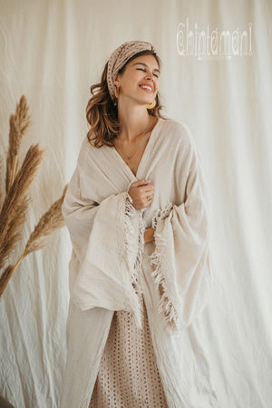 Huge Wide Sleeves Kimono Cardigan / Raw Cotton Wrap Robe / Off White - ChintamaniAlchemi