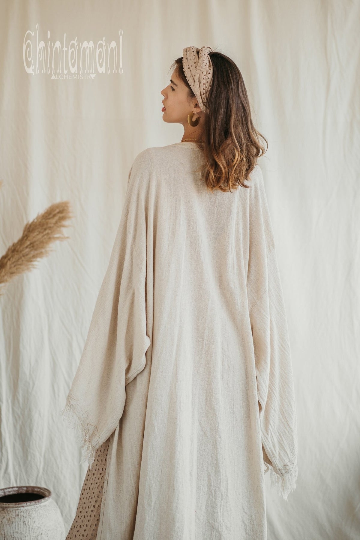 Huge Wide Sleeves Kimono Cardigan / Raw Cotton Wrap Robe / Off White - ChintamaniAlchemi