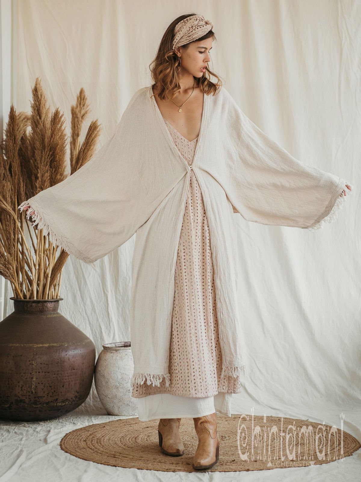 Huge Wide Sleeves Kimono Cardigan / Raw Cotton Wrap Robe / Off White - ChintamaniAlchemi