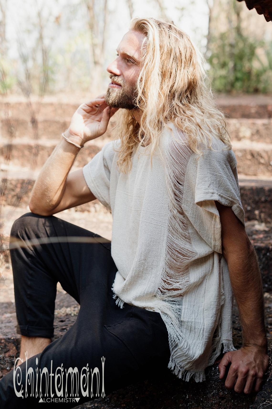 Raw Cotton T-Shirt for Men / Nomad Ripped Tee Shirt / Off White