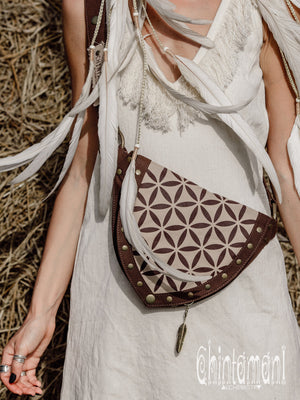 Cotton Canvas Vegan Pocket Belt Waist Bag / Flower of Life Print / Brown