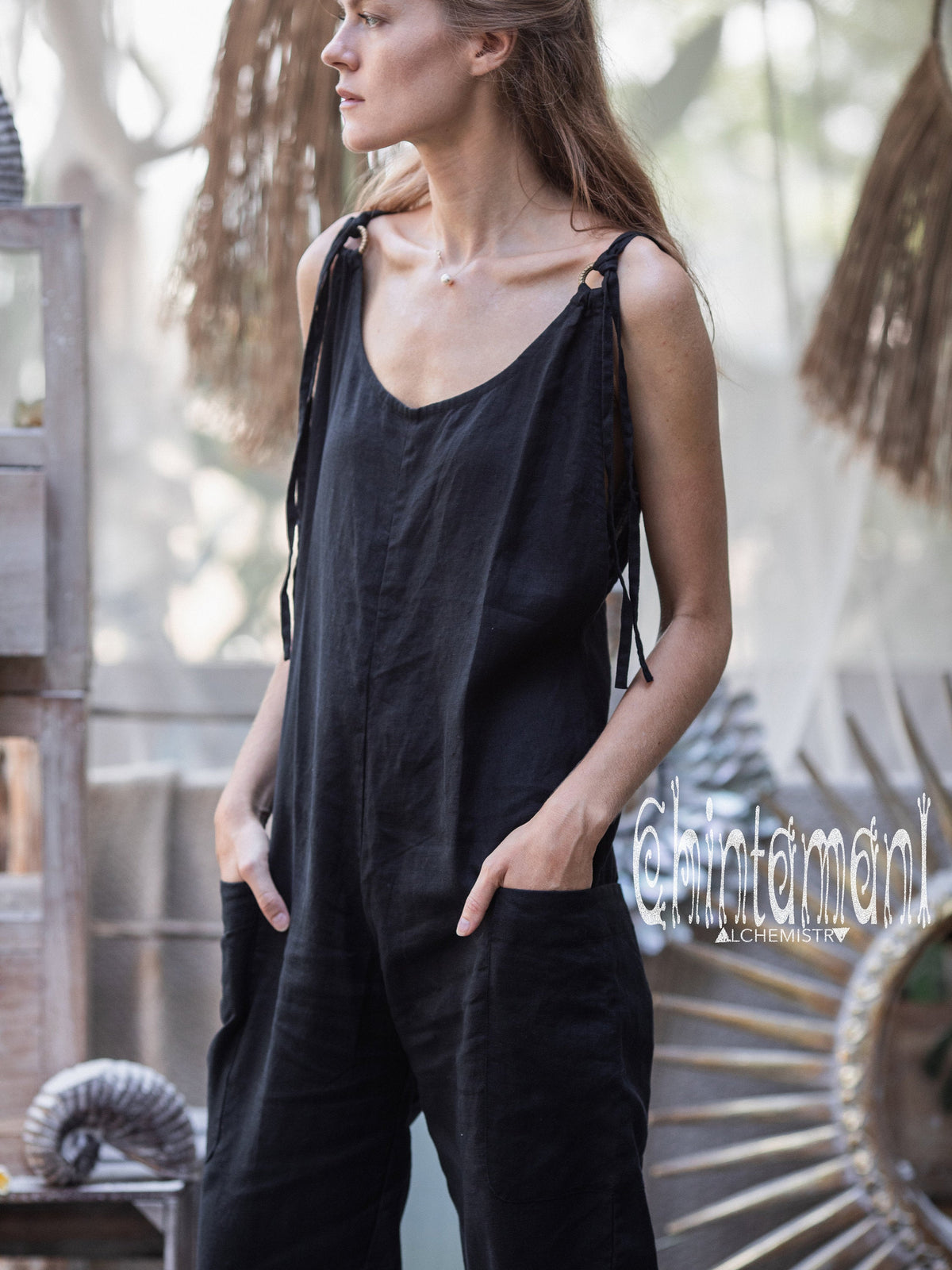 Fitted Linen Jumpsuit 3/4 / Women Midi Overalls with Pockets and Back Zip / Black