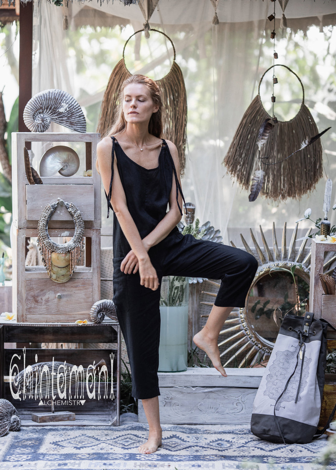 Linen Jumpsuit 3/4 / Black