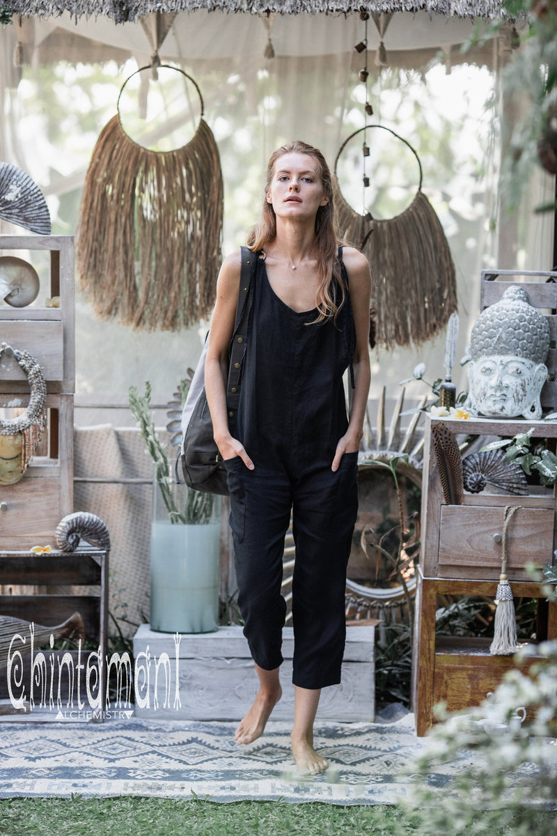 Fitted Linen Jumpsuit 3/4 / Women Midi Overalls with Pockets and Back Zip / Black