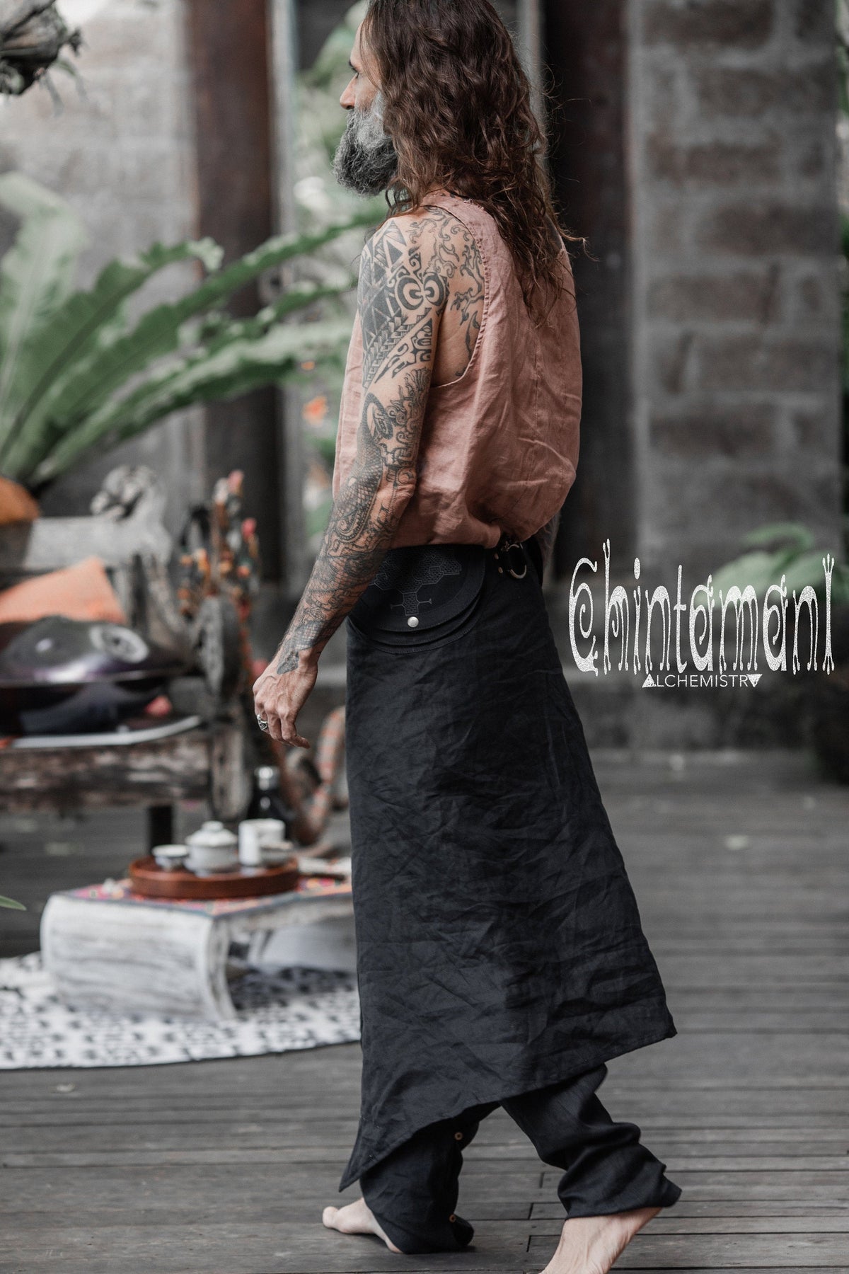 Mens Linen Wrap Pants with Skirt Overlay and Pocket Belt / Black