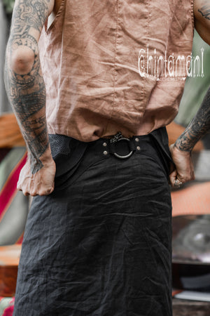 Mens Linen Wrap Pants with Skirt Overlay and Pocket Belt / Black
