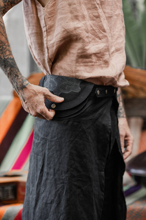 Mens Linen Wrap Pants with Skirt Overlay and Pocket Belt / Black