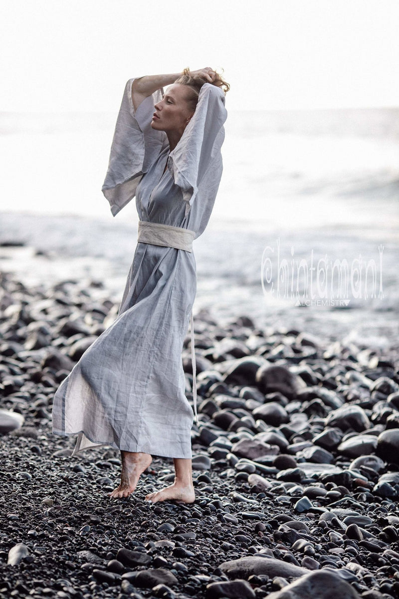 Japan Linen Maxi Kimono Robe / Goddess Cardigan Wrap Dress / Light Grey - ChintamaniAlchemi