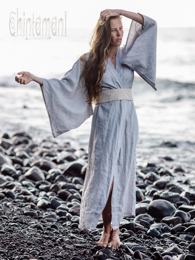 Japan Linen Maxi Kimono Robe / Goddess Cardigan Wrap Dress / Light Grey - ChintamaniAlchemi