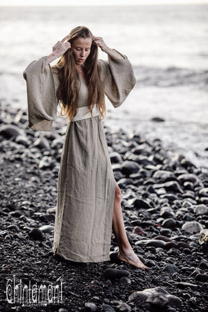 Japan Linen Maxi Kimono Robe / Goddess Cardigan Wrap Dress / Unbleached Grey - ChintamaniAlchemi