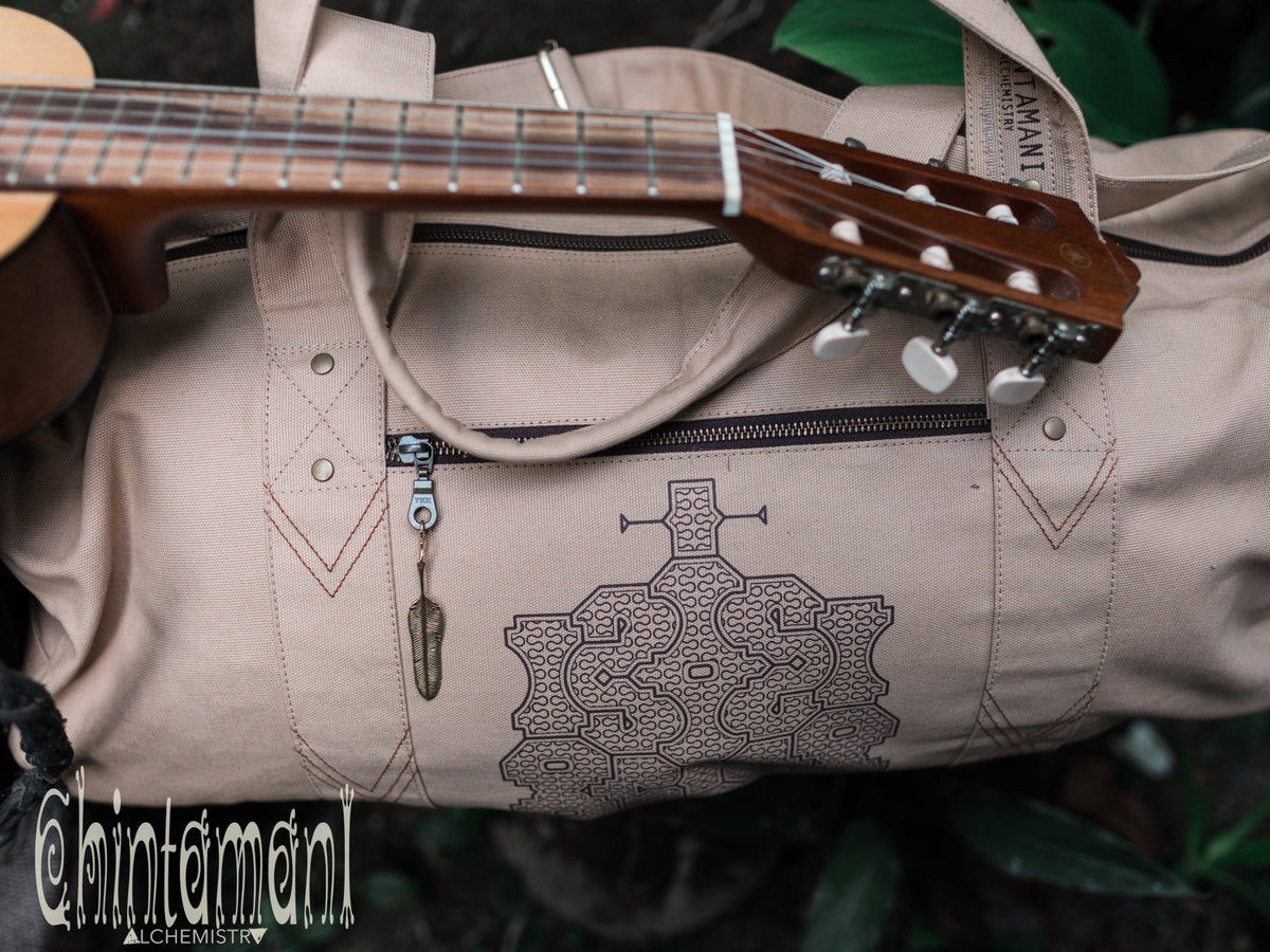 Large Cotton Canvas Travel Duffle Bag / Gym Bag / Shipibo / Beige - ChintamaniAlchemi