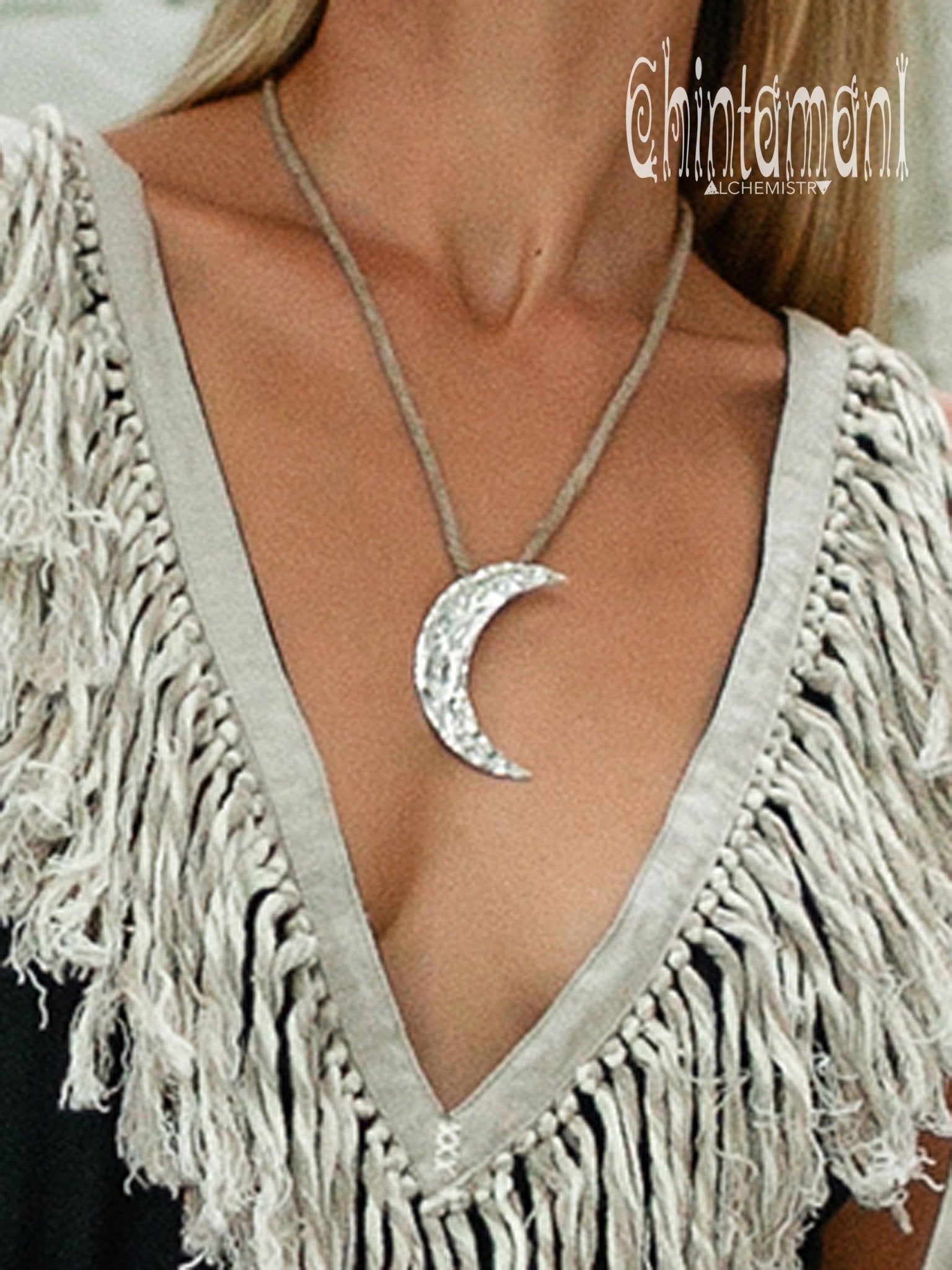 Large Half Moon Pendant Necklace / 925 Silver - ChintamaniAlchemi