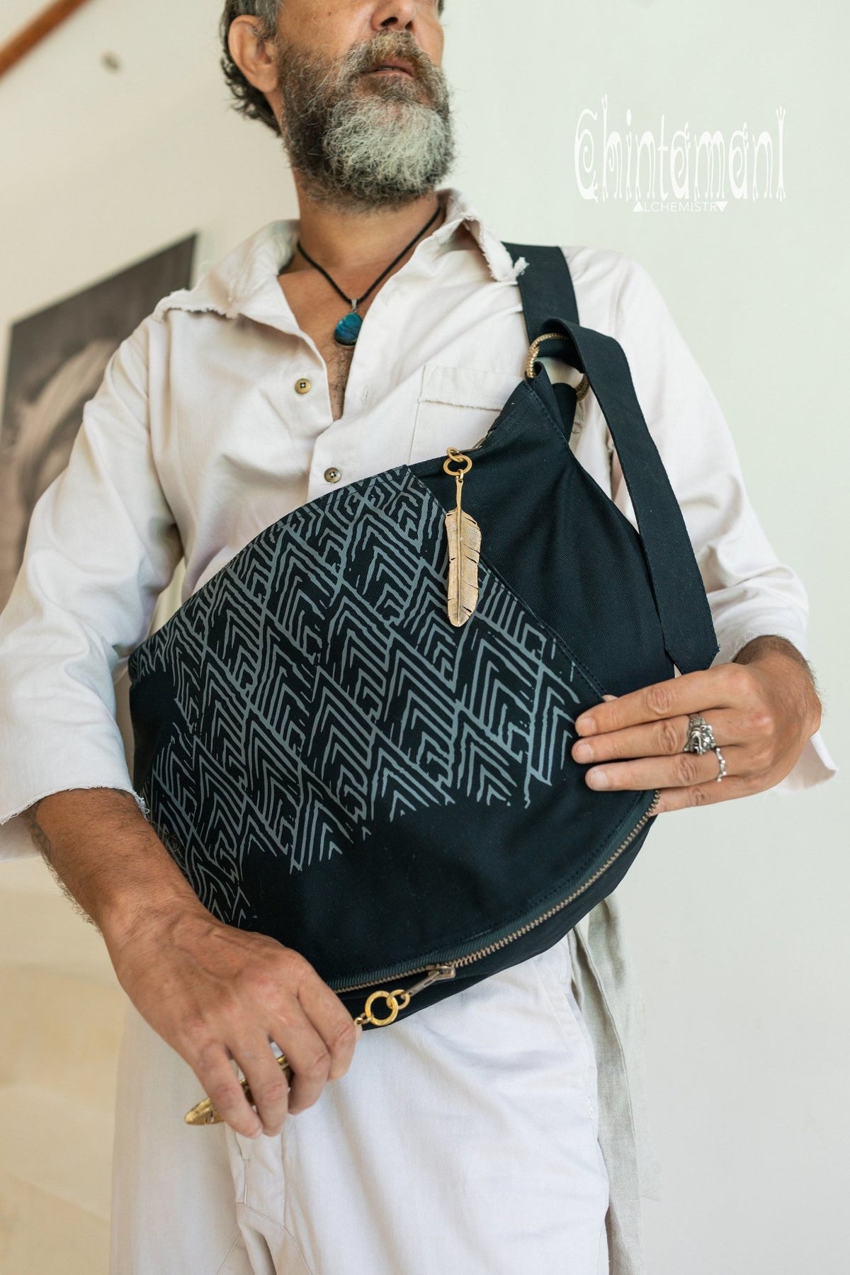 Large One Shoulder Crossbody Bag for Men / Black - ChintamaniAlchemi