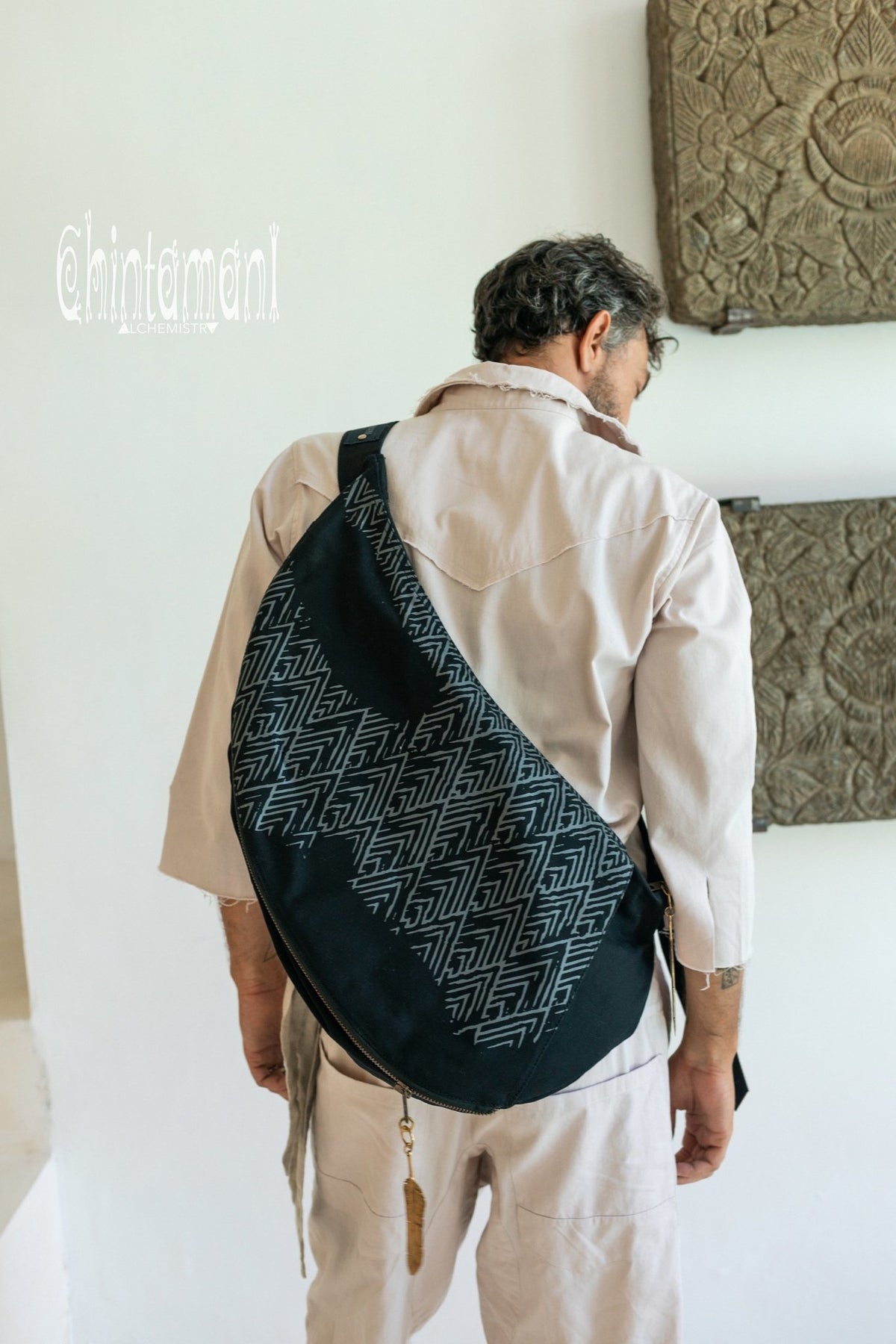 Large One Shoulder Crossbody Bag for Men / Black - ChintamaniAlchemi