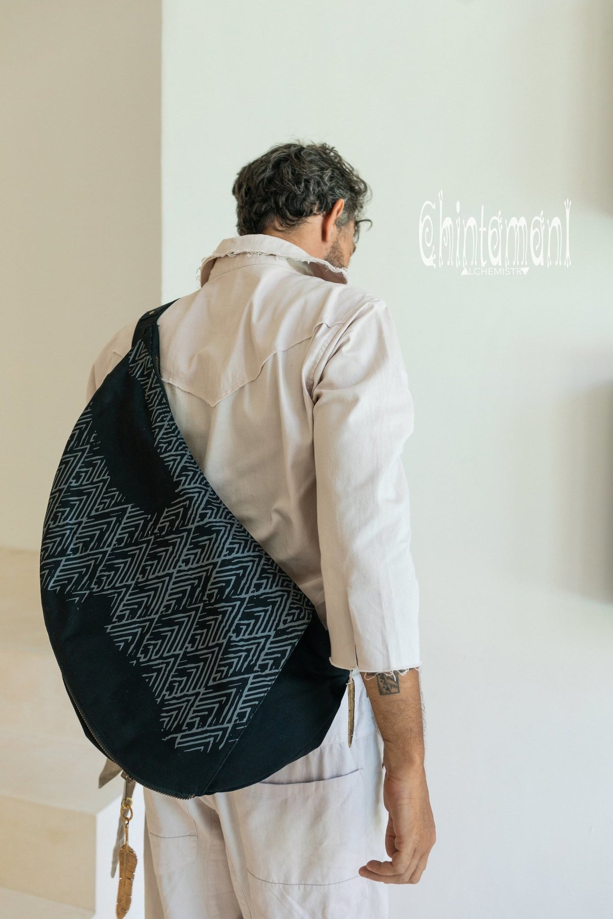 Large One Shoulder Crossbody Bag for Men / Black - ChintamaniAlchemi