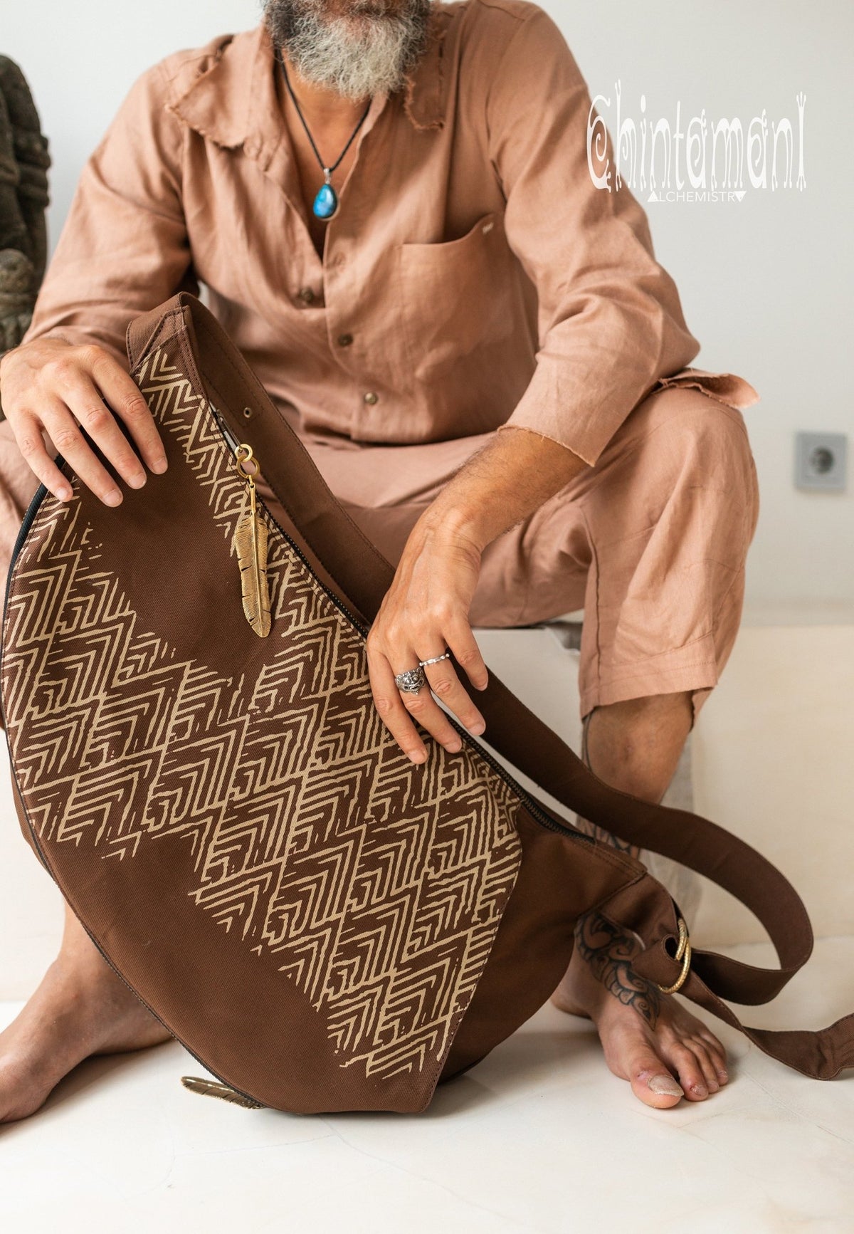 Large One Shoulder Crossbody Bag for Men / Brown - ChintamaniAlchemi