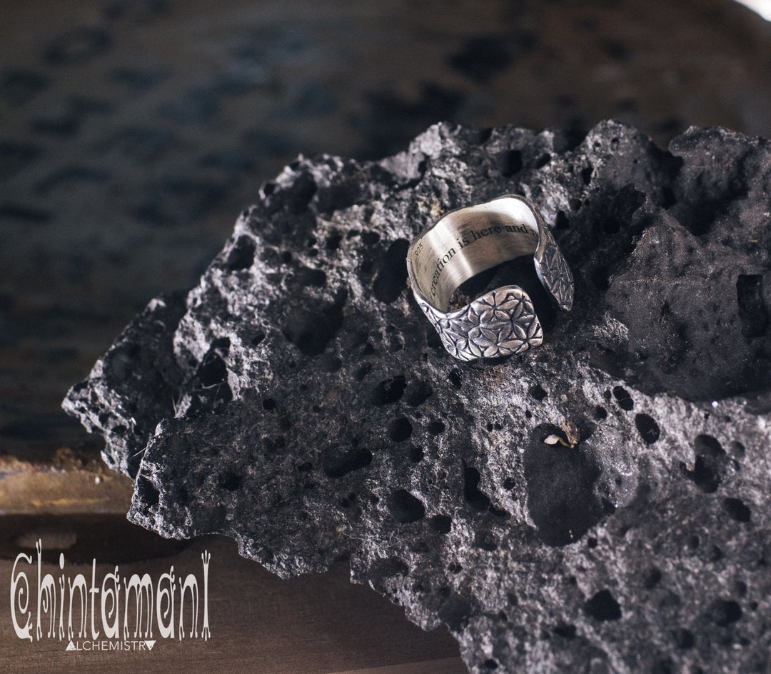 LIFE POWER Massive Silver Ring ∆ Wide Band Ring wth Flower of Life Sacred Geometry Pattern - ChintamaniAlchemi