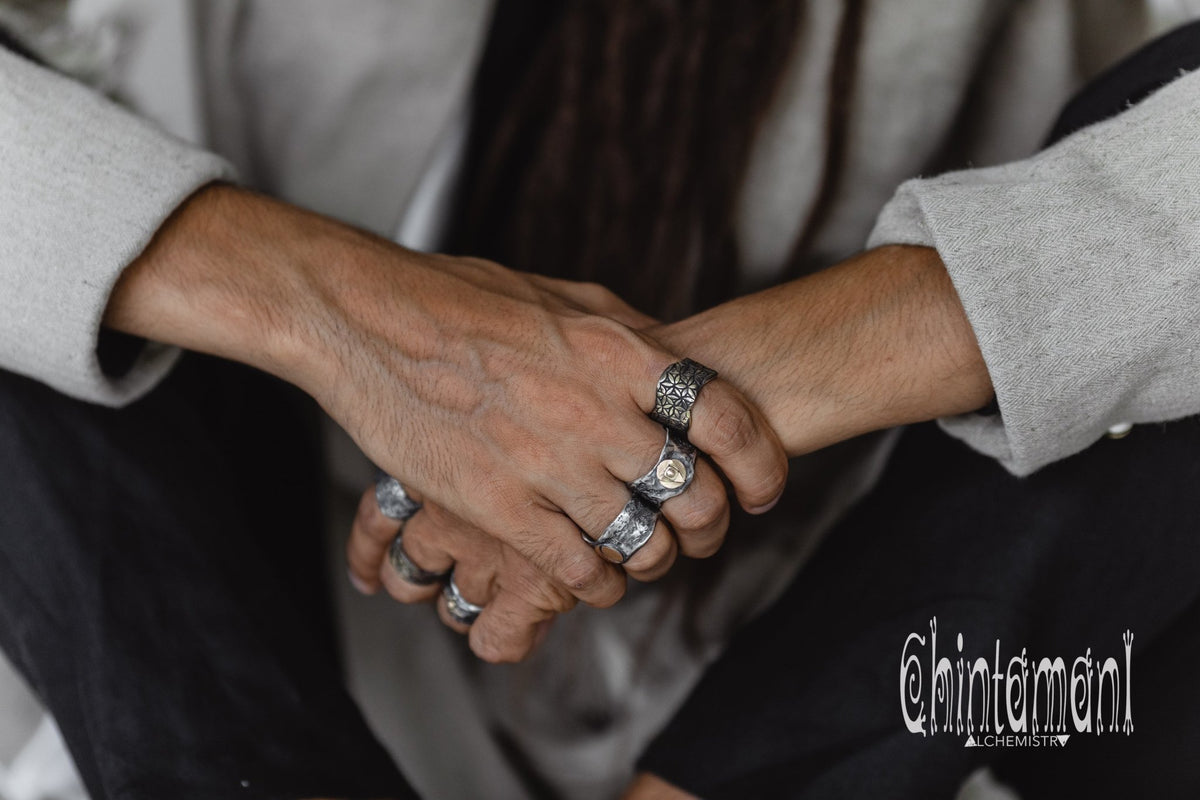 LIFE POWER Massive Silver Ring ∆ Wide Band Ring wth Flower of Life Sacred Geometry Pattern - ChintamaniAlchemi