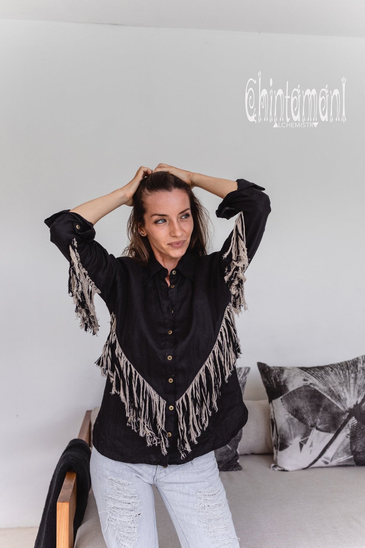 Linen Boho Button Shirt with Fringes / Black - ChintamaniAlchemi