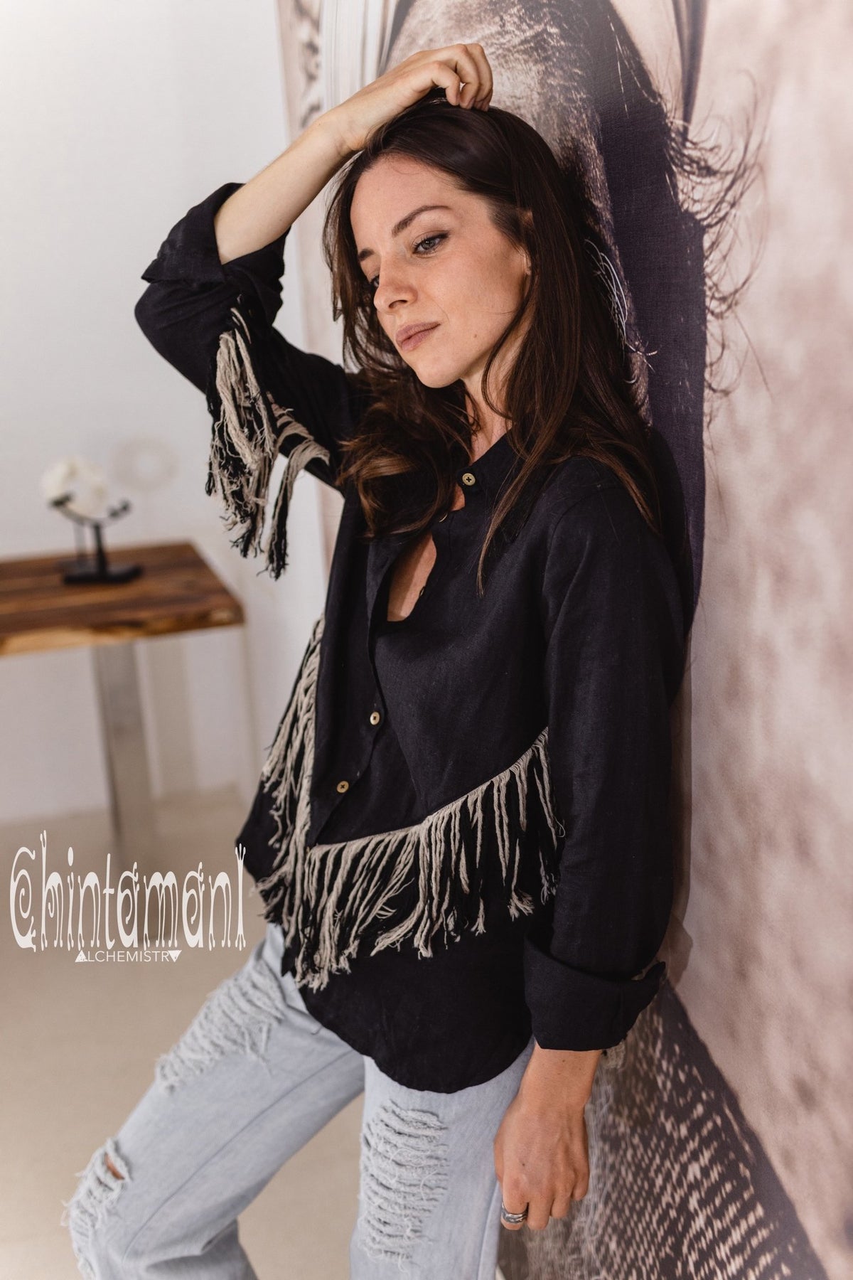 Linen Boho Button Shirt with Fringes / Black - ChintamaniAlchemi