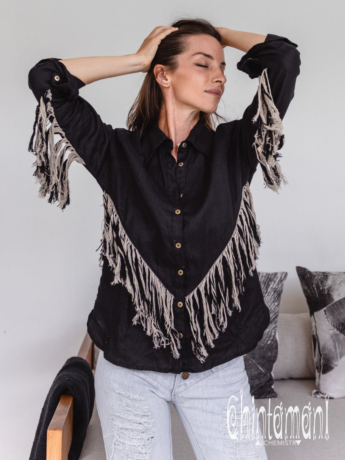 Linen Boho Button Shirt with Fringes / Black - ChintamaniAlchemi