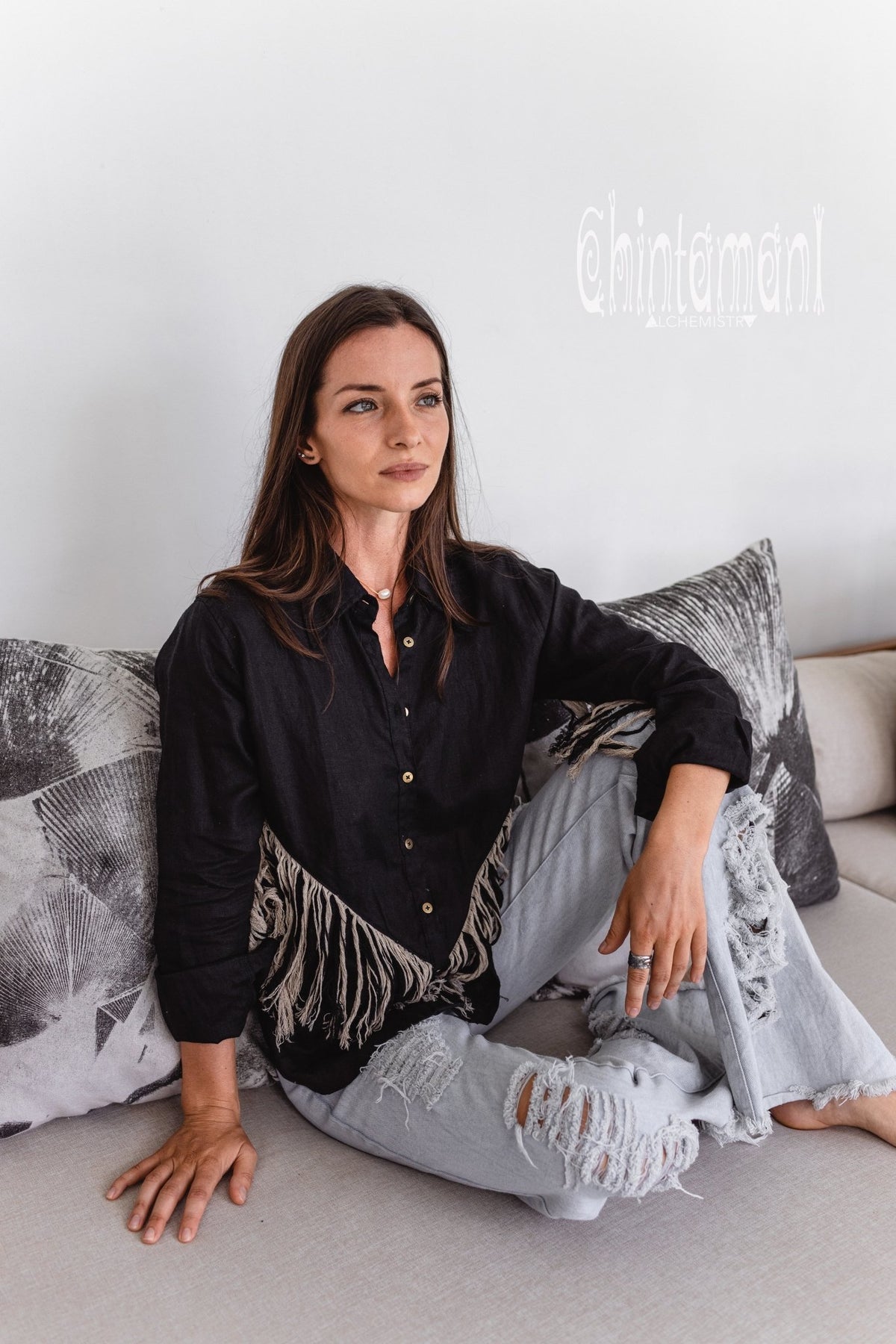 Linen Boho Button Shirt with Fringes / Black - ChintamaniAlchemi