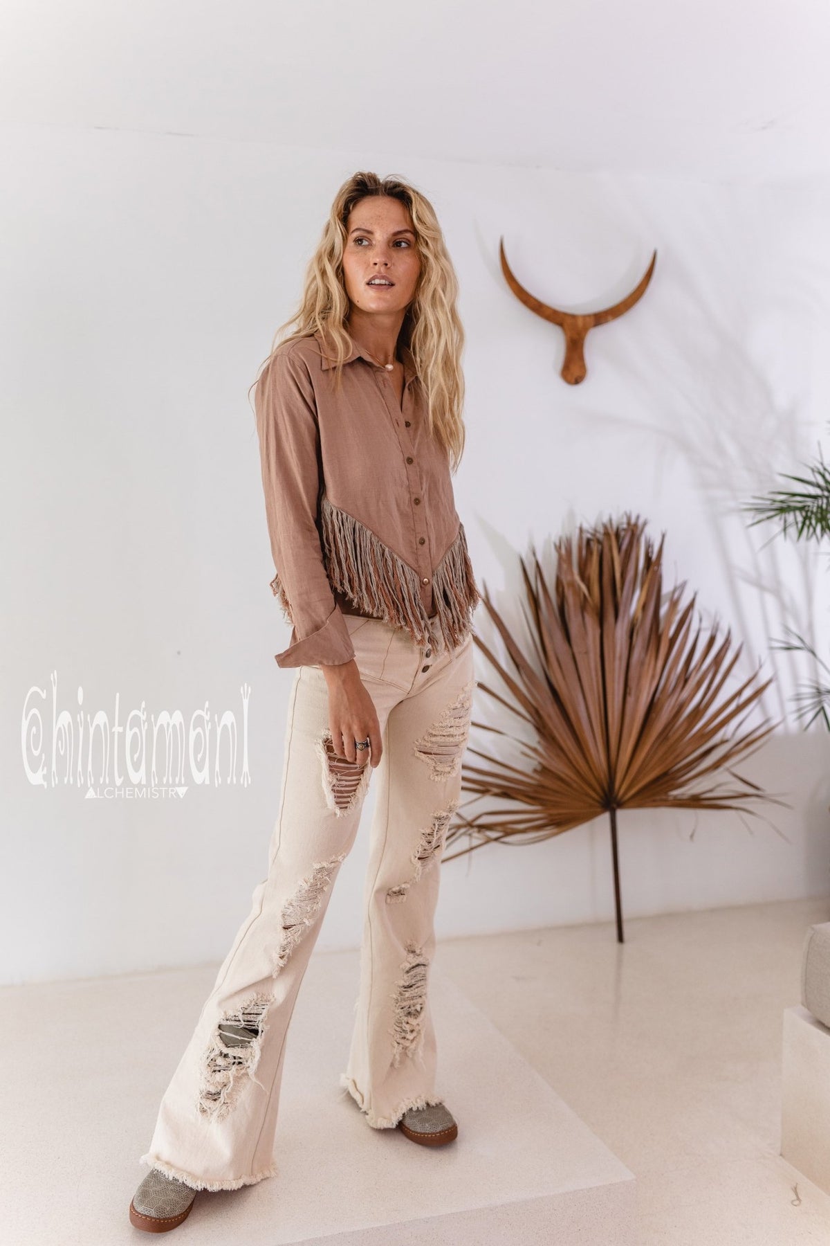 Linen Boho Button Shirt with Fringes / Dusty Pink - ChintamaniAlchemi