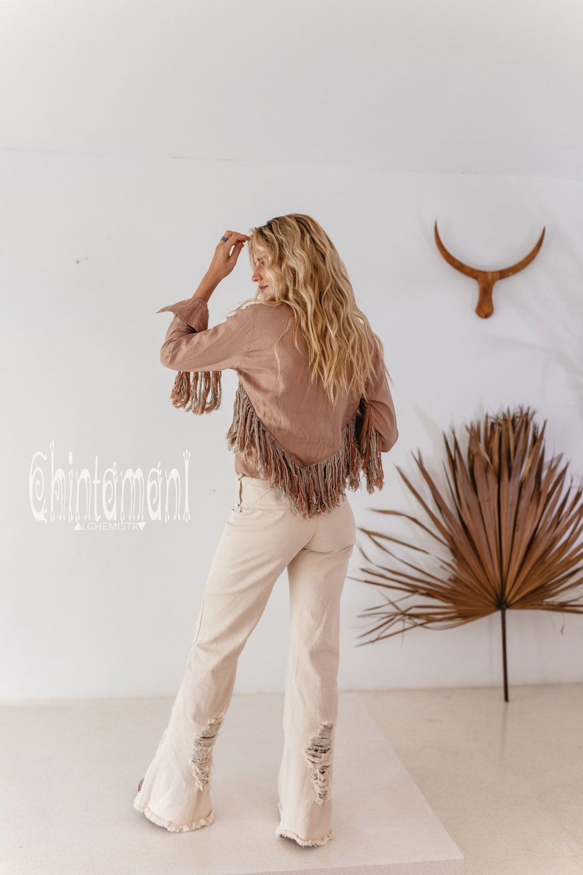 Linen Boho Button Shirt with Fringes / Dusty Pink - ChintamaniAlchemi