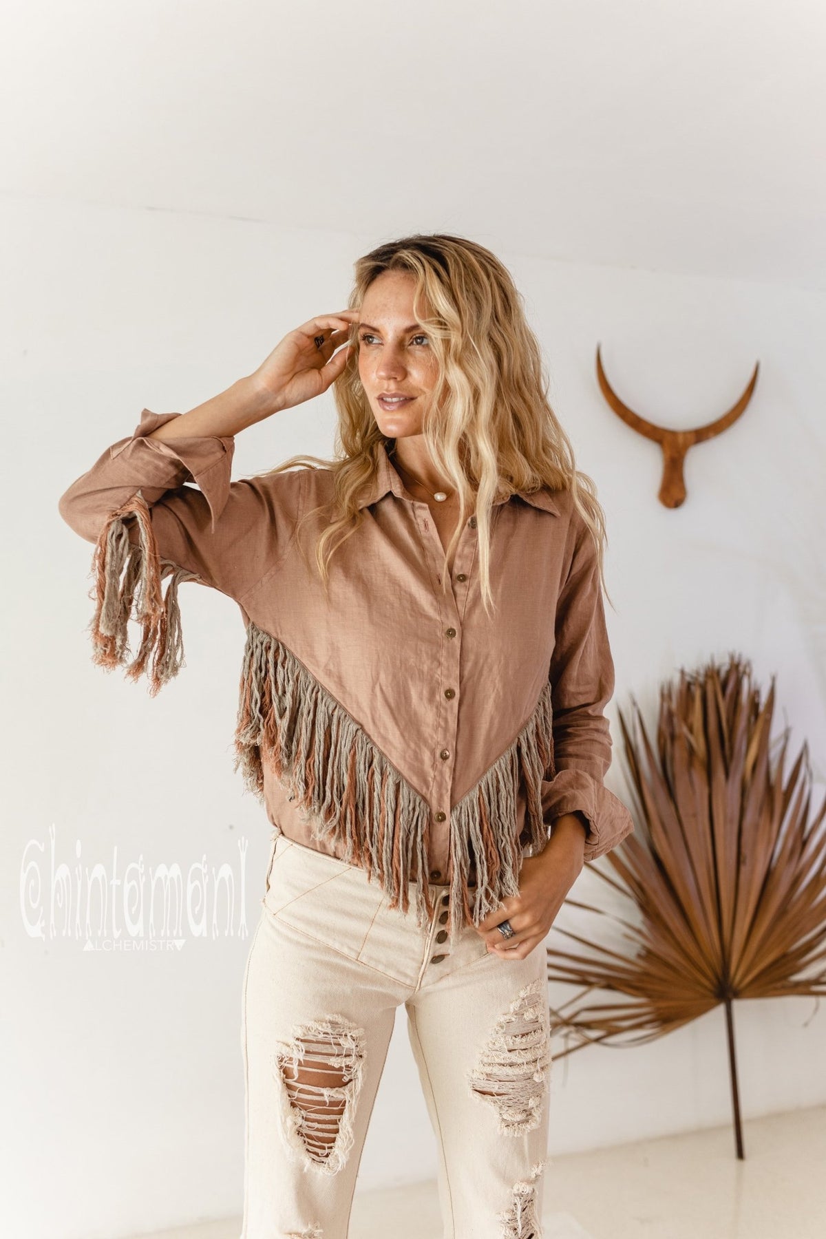 Linen Boho Button Shirt with Fringes / Dusty Pink - ChintamaniAlchemi