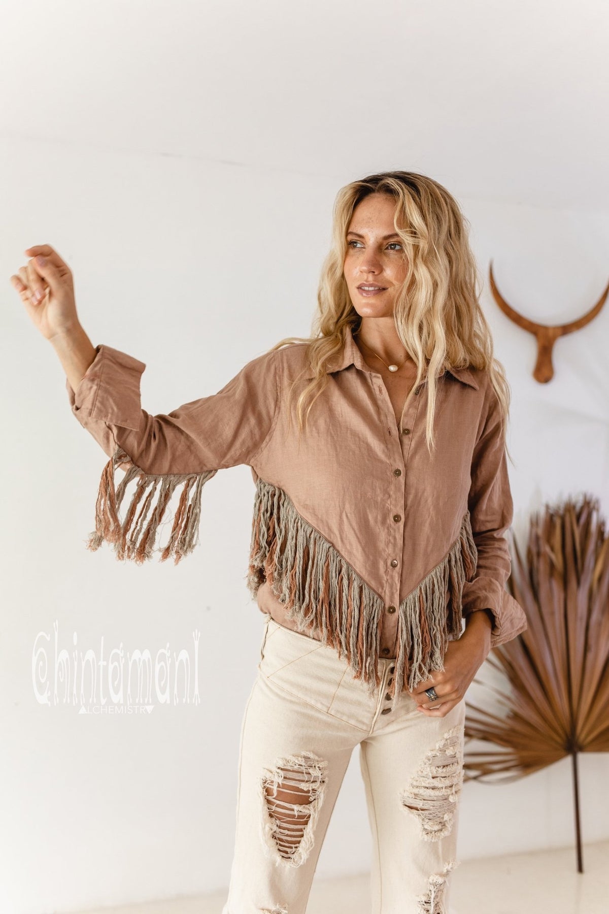 Linen Boho Button Shirt with Fringes / Dusty Pink - ChintamaniAlchemi