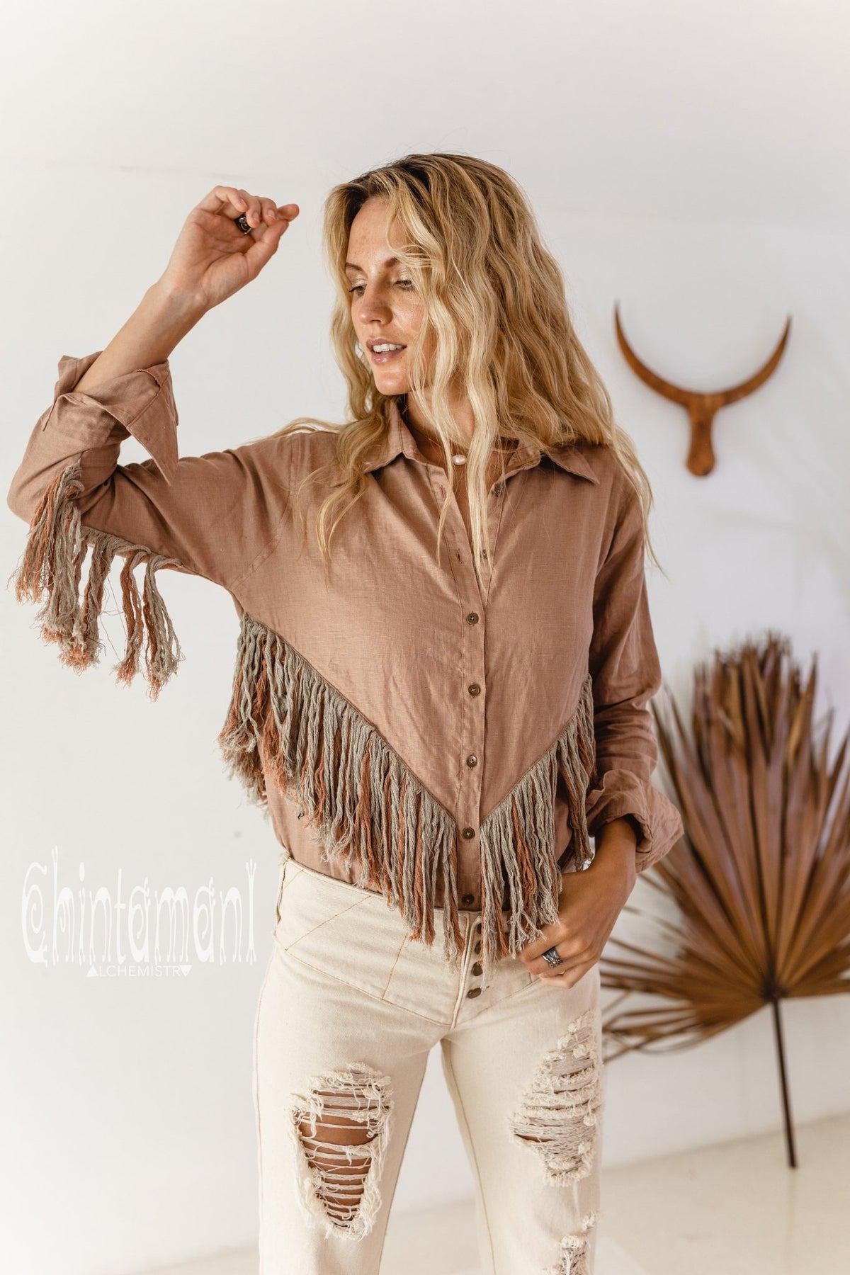 Linen Boho Button Shirt with Fringes / Dusty Pink - ChintamaniAlchemi